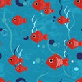Cute cartoon red fish are swimming beneath the blue waves, bubbles and seaweeds