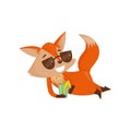 Cute cartoon red fox character in sunglasses drinking cocktail, funny animal on vacation vector Illustration on a white Royalty Free Stock Photo