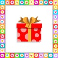 Cute cartoon red gift box wrapped with festive bow framed with heart frame isolated Royalty Free Stock Photo