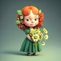 Cute cartoon red hair green eyes green dress Caucasian girl holding yellow spring flower Royalty Free Stock Photo