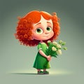 Cute Cartoon Red Haired Girl in a Green Dress Holding Flowers, Generative AI Royalty Free Stock Photo