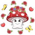 A cute cartoon red mushroom in a flower wreath stands in a flower frame. Royalty Free Stock Photo