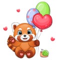 Cute cartoon red panda with balloons, snail and hearts. Royalty Free Stock Photo