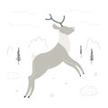 Cute cartoon reindeer, arctic landscape, isolated