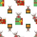 Cute cartoon reindeer hugging presents in red, green and gold color design. Seamless vector pattern on white background Royalty Free Stock Photo