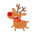 Cute cartoon reindeer with red nose, surprised facial expression, cartoon vector illustrations.