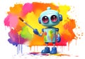 Cute cartoon robot artist standing holding a brush in front a colorful painted wall. Concept of computer generated art. Generative