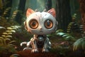 Cute Cartoon Robot Cat With Very Big Eyes Magic Forest. Generative AI Royalty Free Stock Photo