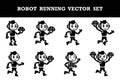 Cute cartoon robot running and exercising in various dynamic poses vector illustration set Royalty Free Stock Photo