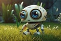 Cute Cartoon Robot With Very Big Eyes And A Pitying Look The Background Of The Lawn. Generative AI