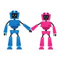 Cute cartoon robots male and famale holding hands isolated on white background. Funny futuristic bots boy and girl with