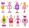 Cute cartoon robots set for girls, isolated on white background, vector illustration. Artificial Intelligence AI icons Royalty Free Stock Photo