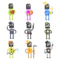 Cute cartoon robots in various professions with professional equipment set of colorful characters vector Illustrations Royalty Free Stock Photo