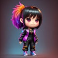 A cute cartoon rocker girl with purple and black jacket and multicolor hair - Generated by Generative AI