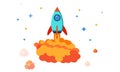 Cute cartoon rocket flying in space and sky with stars clouds and moon vector illustration Royalty Free Stock Photo