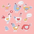 Cute cartoon rooster, chicken, hen family  doodle Royalty Free Stock Photo