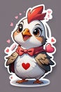 Cute cartoon rooster with red bow tie and hearts. Sticker illustration Royalty Free Stock Photo