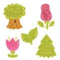 Cute cartoon rose, tulip, tree, oak set.