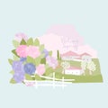 Cute Cartoon Rustic Landscape with Colorful Hydrangea