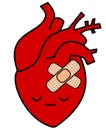 Cute cartoon sad human heart with plaster concept illustration