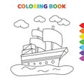 Cute cartoon sailing ship in a ocean coloring book for kids. black and white vector illustration for coloring book. sailing ship