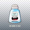 Cute cartoon salt shaker with smiling faces isolated on transparent background. Funky Kawaii salt character. My name is