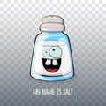 Cute cartoon salt shaker with smiling faces isolated on transparent background. Funky Kawaii salt character. My name is