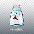 Cute cartoon salt shaker with smiling faces isolated on transparent background. Funky Kawaii salt character. My name is