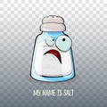 Cute cartoon salt shaker with smiling faces isolated on transparent background. Funky Kawaii salt character. My name is