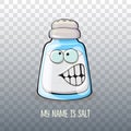 Cute cartoon salt shaker with smiling faces isolated on transparent background. Funky Kawaii salt character. My name is