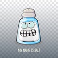 Cute cartoon salt shaker with smiling faces isolated on transparent background. Funky Kawaii salt character. My name is