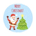 Cute cartoon Santa with Christmas tree and snowfall. Cartoon Christmas card vector template Royalty Free Stock Photo