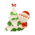 Cute cartoon Santa Claus behind christmas tree vector Royalty Free Stock Photo