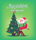 Cute cartoon Santa Claus decorating Christmas tree Merry Christmas vector illustration Greeting card poster Royalty Free Stock Photo
