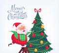 Cute cartoon Santa Claus decorating Christmas tree Merry Christmas vector illustration Greeting card poster. Royalty Free Stock Photo