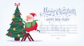 Cute cartoon Santa Claus decorating Christmas tree Merry Christmas vector illustration Greeting card poster horizontal Royalty Free Stock Photo