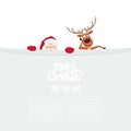 Cute cartoon Santa Claus and reindeer looking behind blank billboard. Royalty Free Stock Photo