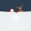 Cute cartoon Santa Claus and reindeer looking behind blank billboard. Royalty Free Stock Photo