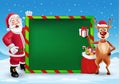 Merry Christmas greeting card with cartoon Santa Claus and reindeer Royalty Free Stock Photo