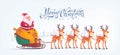 Cute cartoon Santa Claus riding reindeer sleigh Merry Christmas vector illustration Greeting card poster horizontal