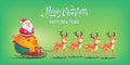 Cute cartoon Santa Claus riding reindeer sleigh Merry Christmas vector illustration Greeting card poster horizontal