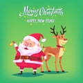 Cute cartoon Santa Claus ringing bell and funny reindeer Merry Christmas vector illustration Greeting card poster Royalty Free Stock Photo