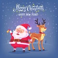 Cute cartoon Santa Claus ringing bell and funny reindeer Merry Christmas vector illustration Greeting card poster Royalty Free Stock Photo