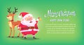 Cute cartoon Santa Claus ringing bell with reindeer Merry Christmas vector illustration horizontal banner. Royalty Free Stock Photo