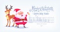 Cute cartoon Santa Claus ringing bell with reindeer Merry Christmas vector illustration horizontal banner. Royalty Free Stock Photo