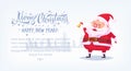 Cute cartoon Santa Claus ringing bell and smiling Merry Christmas vector illustration Greeting card poster horizontal