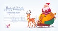 Cute cartoon Santa Claus sitting in sleigh with reindeer Merry Christmas vector illustration horizontal banner. Royalty Free Stock Photo