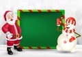 Merry Christmas greeting card with cartoon Santa Claus and snowman