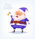 Cute cartoon Santa Claus wearing blue costume ringing bell and smiling Merry Christmas vector illustration Greeting card