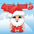 Cute cartoon Santa in underwear and hat dries clothes on the clothesline.